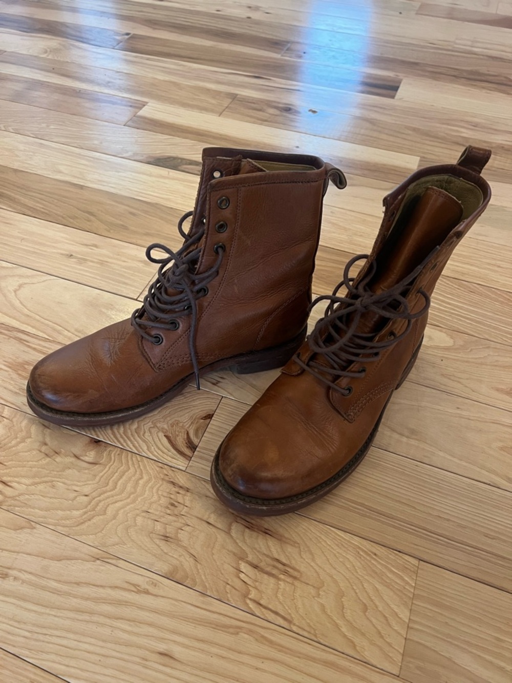 Frye Cognac Leather Lace-Up Combat Boots
